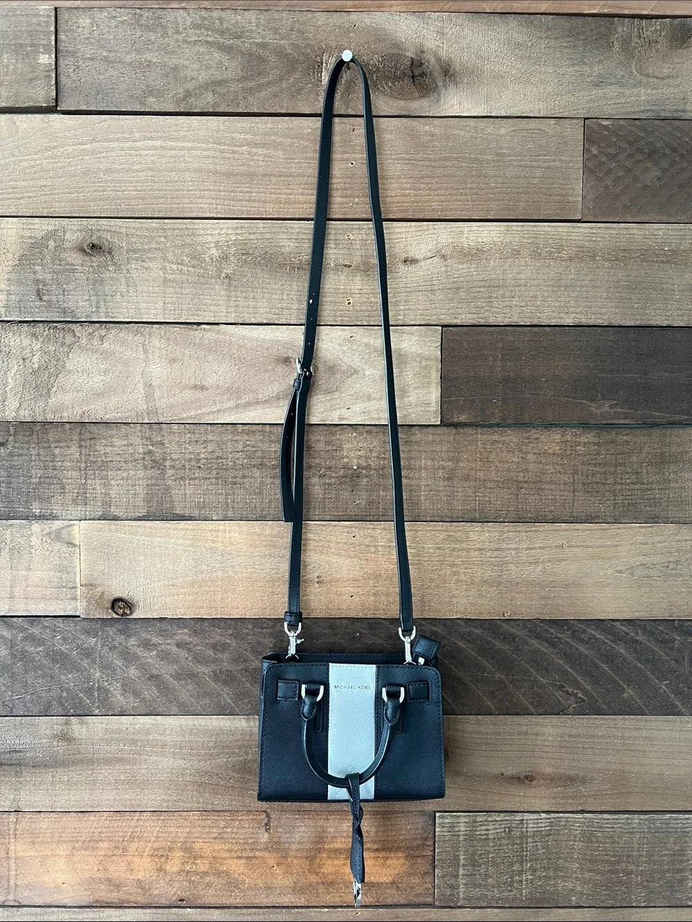 Michael Kors Dillon Metallic Center Stripe Extra Small Top Zip Crossbody Purse